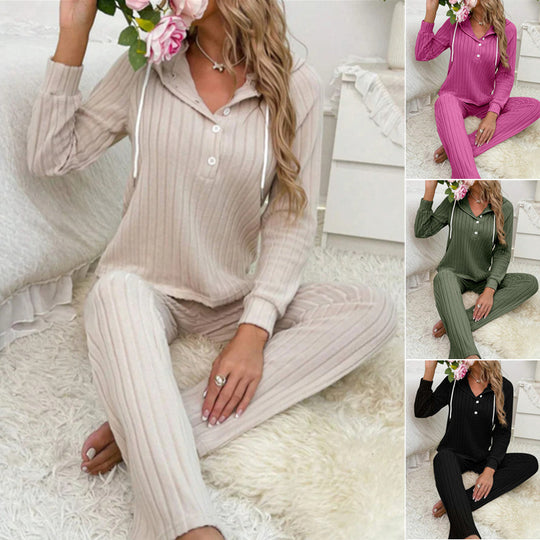 Damen Gemütlicher Strickanzug mit Kapuze und Knopfleiste EB