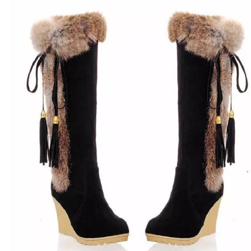 Damen Wedge-Stiefel mit kuscheligem Kunstfell und modischen Quasten EB