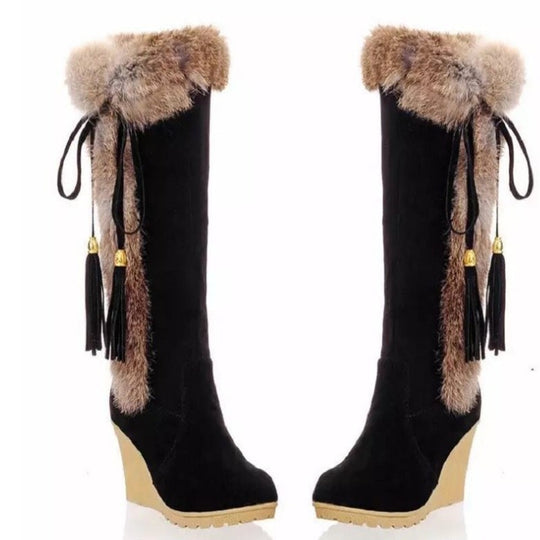 Damen Wedge-Stiefel mit kuscheligem Kunstfell und modischen Quasten EB