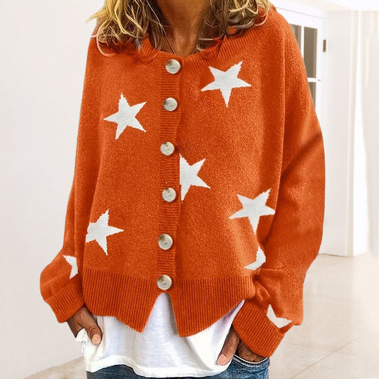 Damen modische Strickjacke mit Sternenmuster und Knopfdetails EB