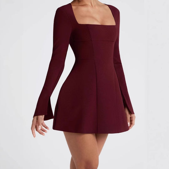 Damen Elegantes Minikleid mit Quadrat-Ausschnitt und ausgestellten Ärmeln EB