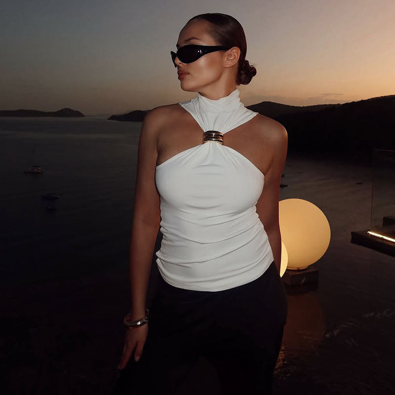 Damen elegantes Top mit hohem Kragen und schlichtem Design EB