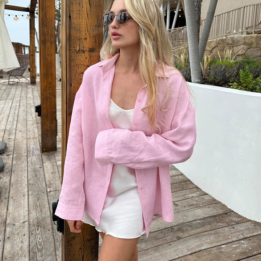 Damen Leinenhemd mit lässigem Schnitt und oversized Ärmeln EB