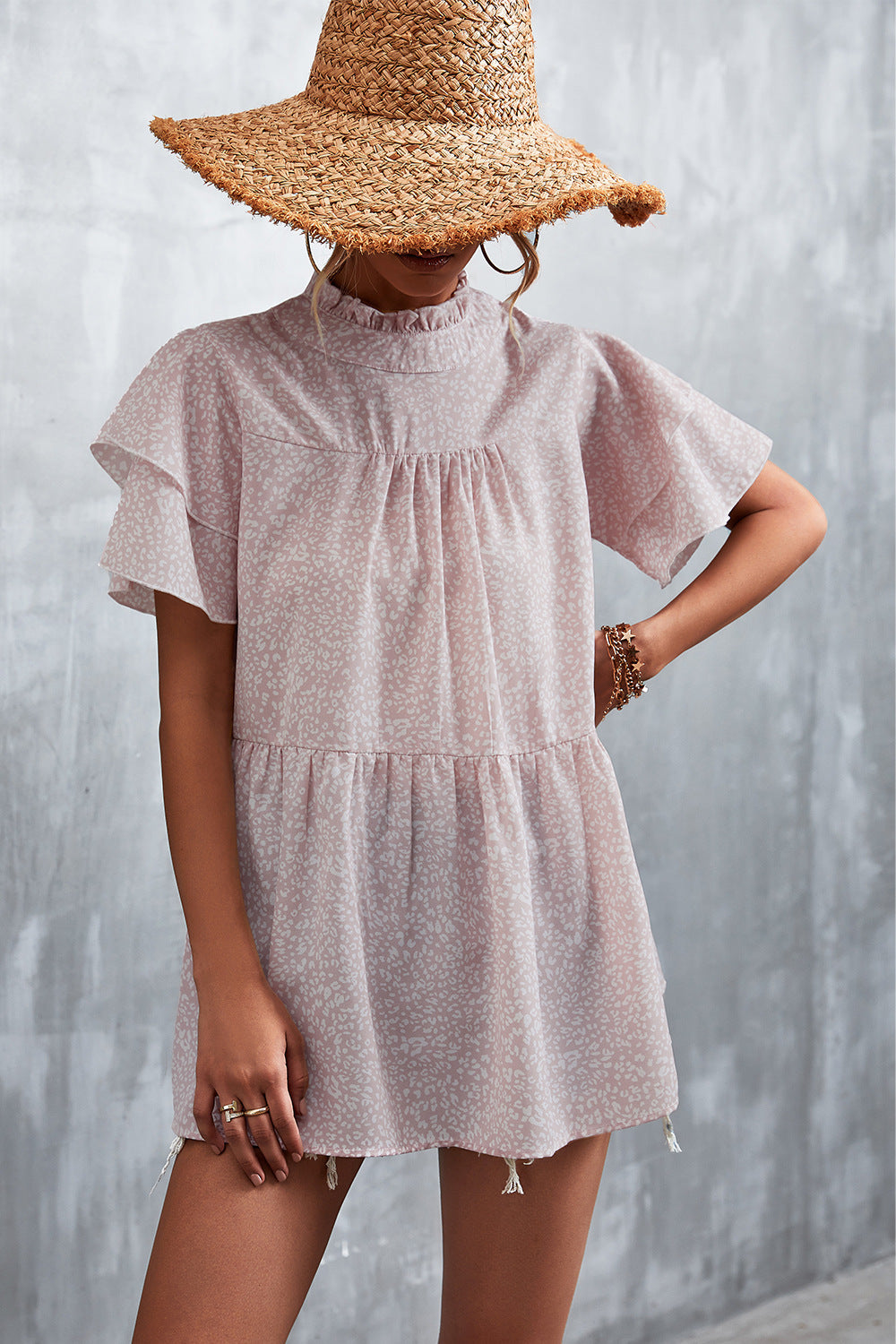 Damen luftiges Freizeitkleid mit voluminösen Rüschen und hohem Stehkragen EB