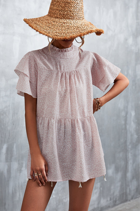 Damen luftiges Freizeitkleid mit voluminösen Rüschen und hohem Stehkragen EB