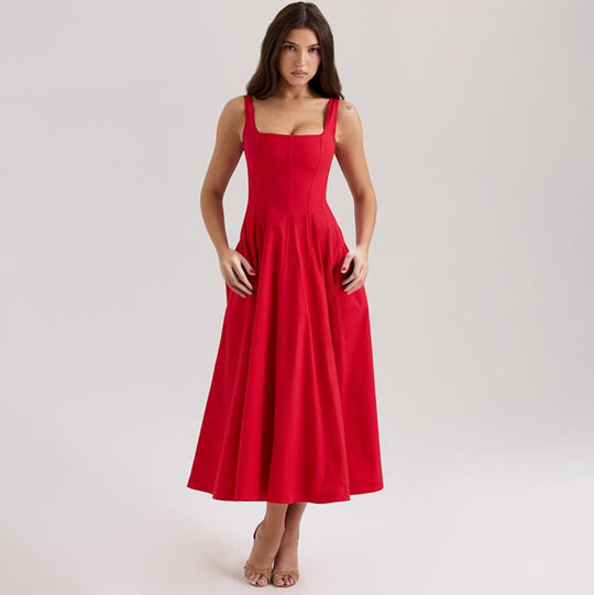 Damen A-Linien Kleid mit quadratischem Ausschnitt und schmalen Trägern EB