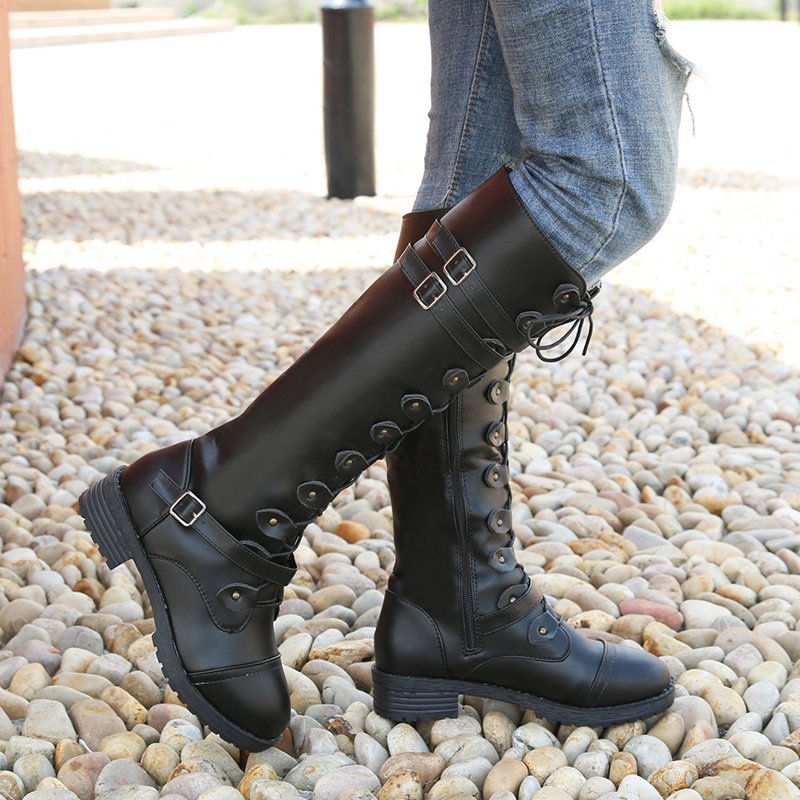 Damen nan kniehohe Schnürstiefel im Militär-Vintage Stil mit dekorativen Riemen und verstellbaren Schnallen EB