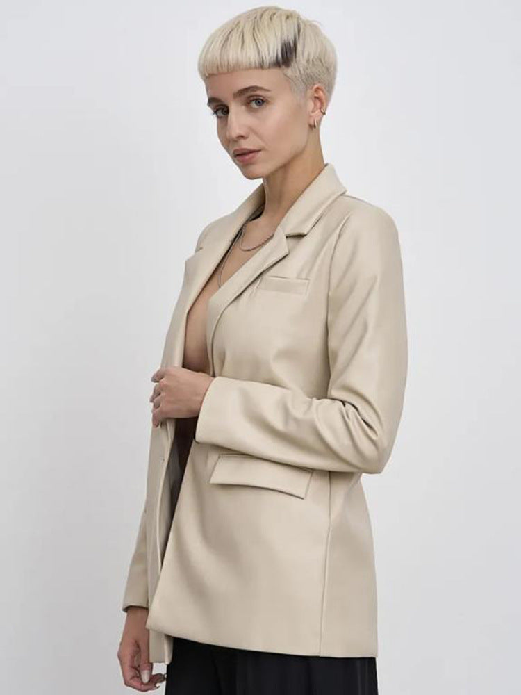 Damen minimalistische und elegante Kunstleder Blazer EB