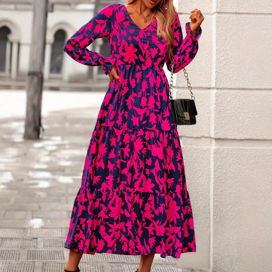 Damen Maxikleid mit V-Ausschnitt und voluminösen Ärmeln EB