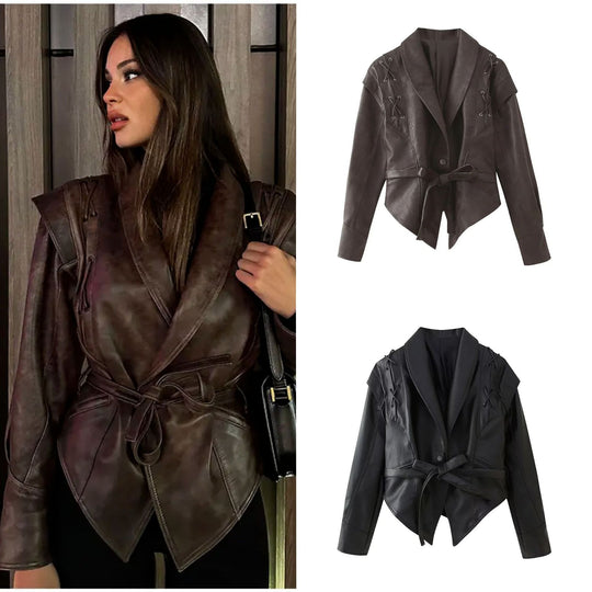 Damen modische Kunstlederjacke mit stilvollem Gürteldetail und elegantem Design EB
