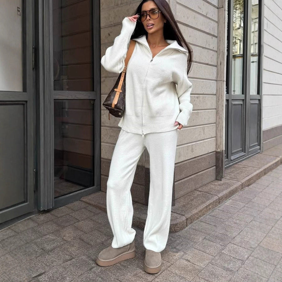 Damen Feinstrick-Loungewear-Set mit Zwei-Wege-Reißverschluss und weitem Umlegekragen EB