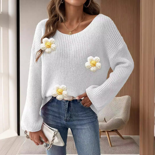 Damen Strickpullover mit verspielten Blumenapplikationen EB