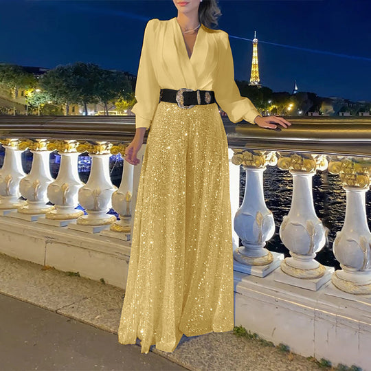Damen Glamouröses Abendkleid mit schimmerndem Oberteil und weiten Rock EB