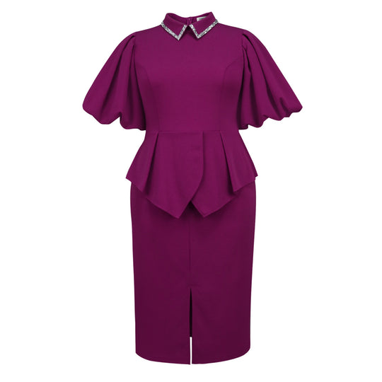 Damen Peplum Kleid mit elegantem Kristallkragen EB