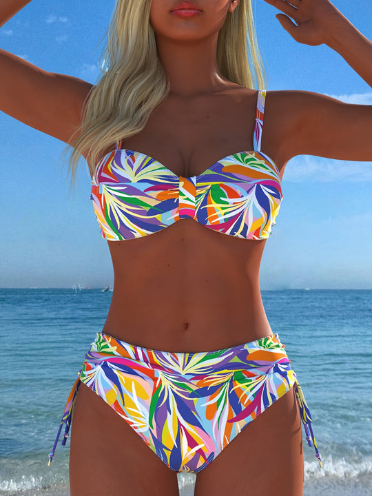 Damen Bandeau-Bikini mit einzigartigem Federmuster und hohem Taillenschnitt EB