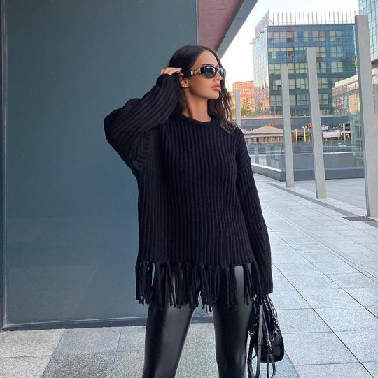 Damen lässiger Rippstrick-Pullover mit Fransen-Saum und Oversize-Silhouette Eichborn Berlin