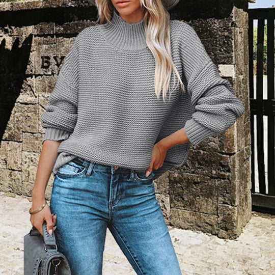 Damen Grobstrickpullover mit hohem Kragen und lässigen Ärmeln EB