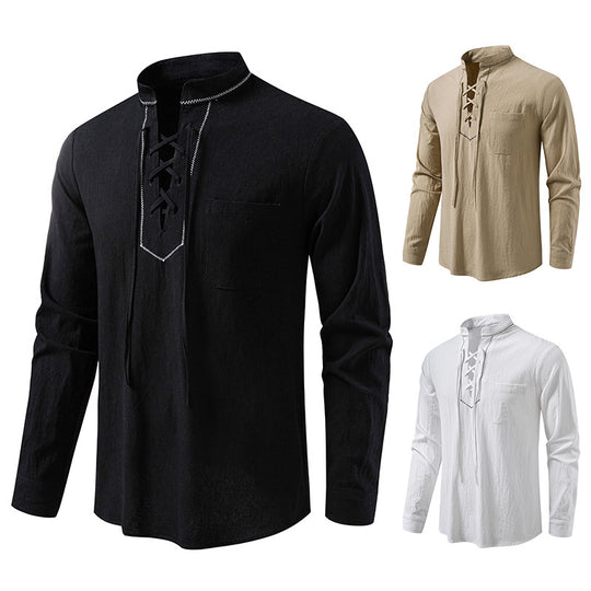 Herren Langarmshirt mit hochwertigem Stehkragen und dekorativer Schnürung EB