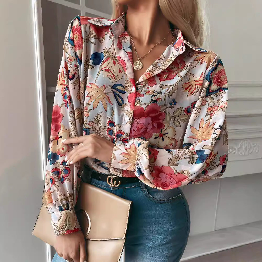 Damen elegante Bluse mit floralem Muster und modernen Puffärmeln EB