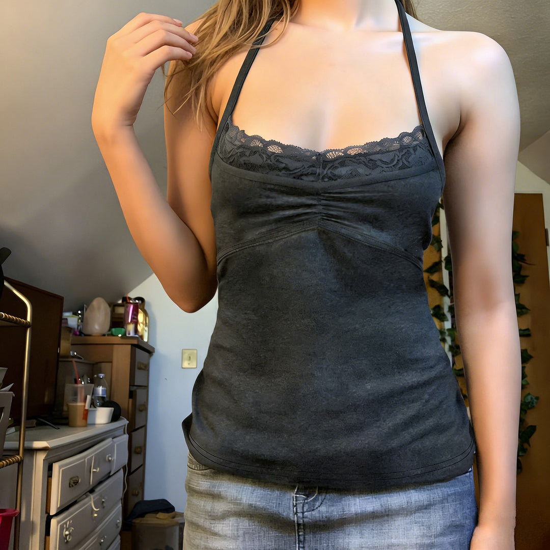 Damen Sexy Spaghetti-Trägertop mit Spitzeneinsätzen EB