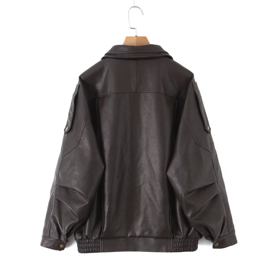 Damen Kunstlederjacke im lässigen Oversized-Stil mit Taillenzug EB