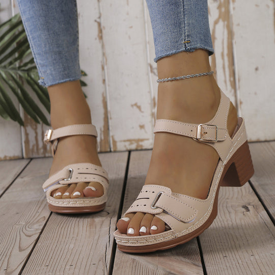 Damen modische Sandaletten mit eleganter Schnalle und Holz-Blockabsatz EB