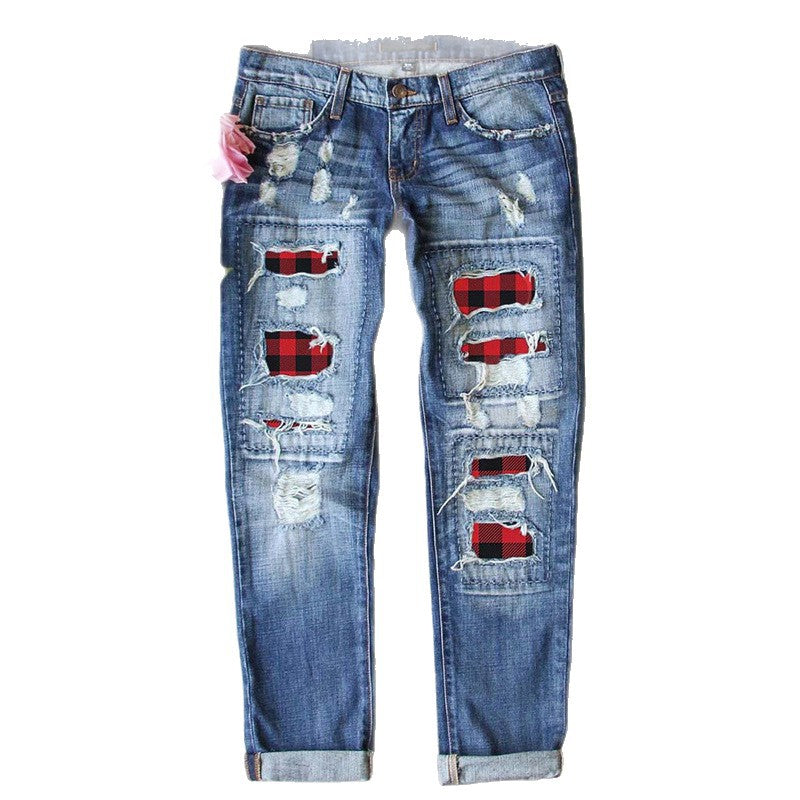 Damen Ripped Jeans mit karierten Akzenten und modischen Destroyed-Details EB