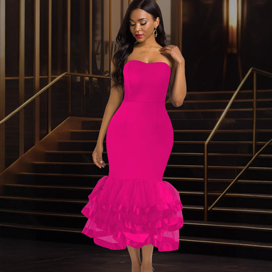 Damen Figurbetontes Abendkleid mit voluminösem Rüschen-Saum EB