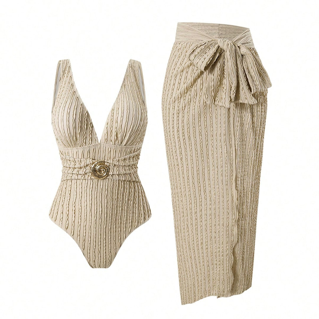 Damen Badeanzug mit femininem Wickelrock und elegantem Schmuckdetail EB