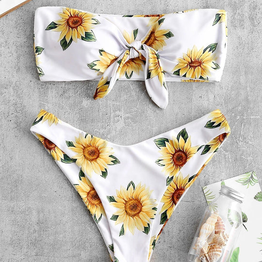 Damen Bandeau-Bikini mit floralem Design und praktischen Knoten EB