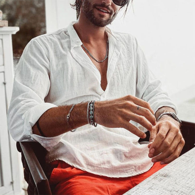 Herren Lässig geschnittenes Langarm-Hemd mit Stehkragen und praktischen Knopfdetails EB