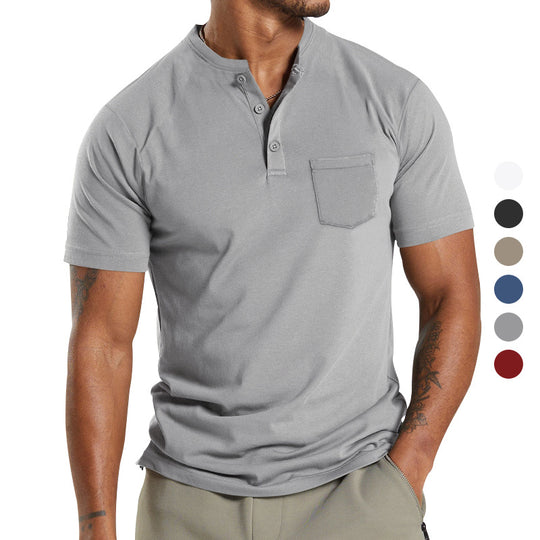 Herren nan atmungsaktives Baumwoll-Elasthan Kurzarm-Henley mit Brusttasche EB
