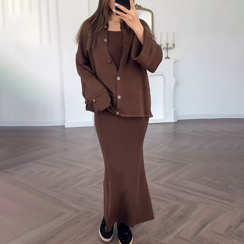 Damen Strickanzug mit elegantem Blazer und ärmellosem Maxikleid EB