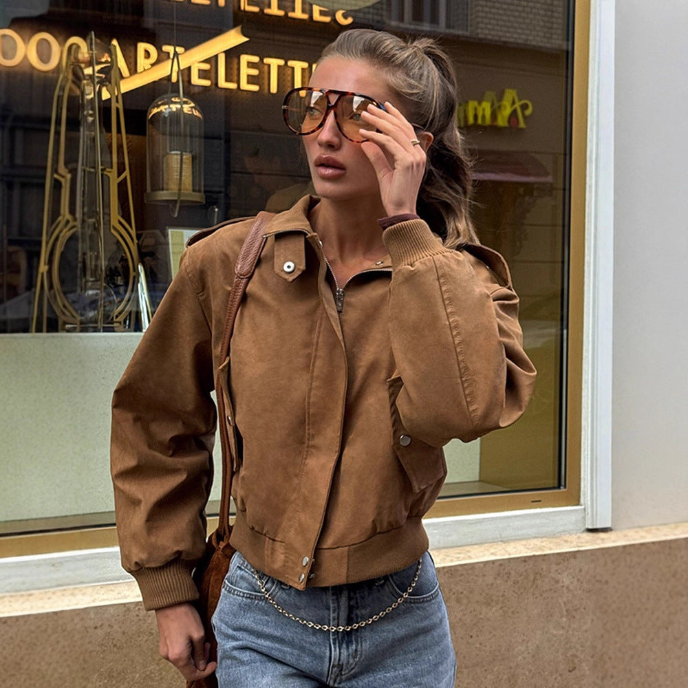 Damen lässige Kurzjacke mit voluminösen Ärmeln und Reißverschluss EB