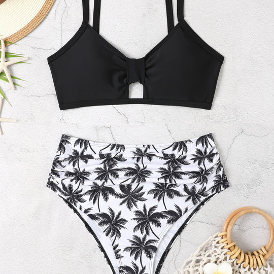 Damen Bikini-Set mit floralem Hochbund und modischem Knoten EB