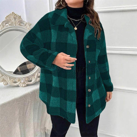 Damen kuschelige Karojacke mit Knopfverschluss und oversized Schnitt EB