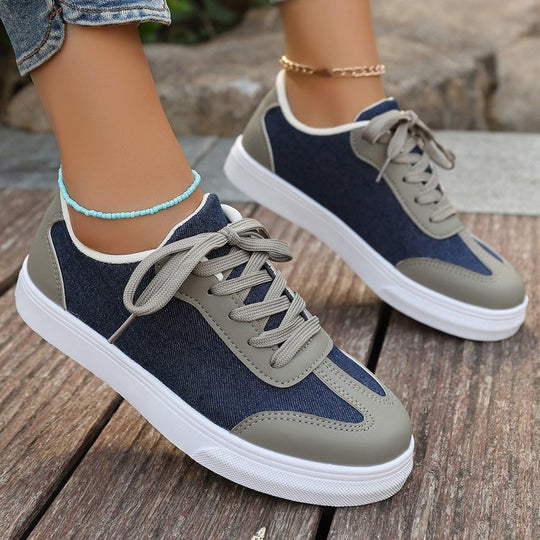 Damen Plateau‑Sneaker im Denim‑Look mit gepolstertem Komfortfußbett und Elastik‑Schnürung EB
