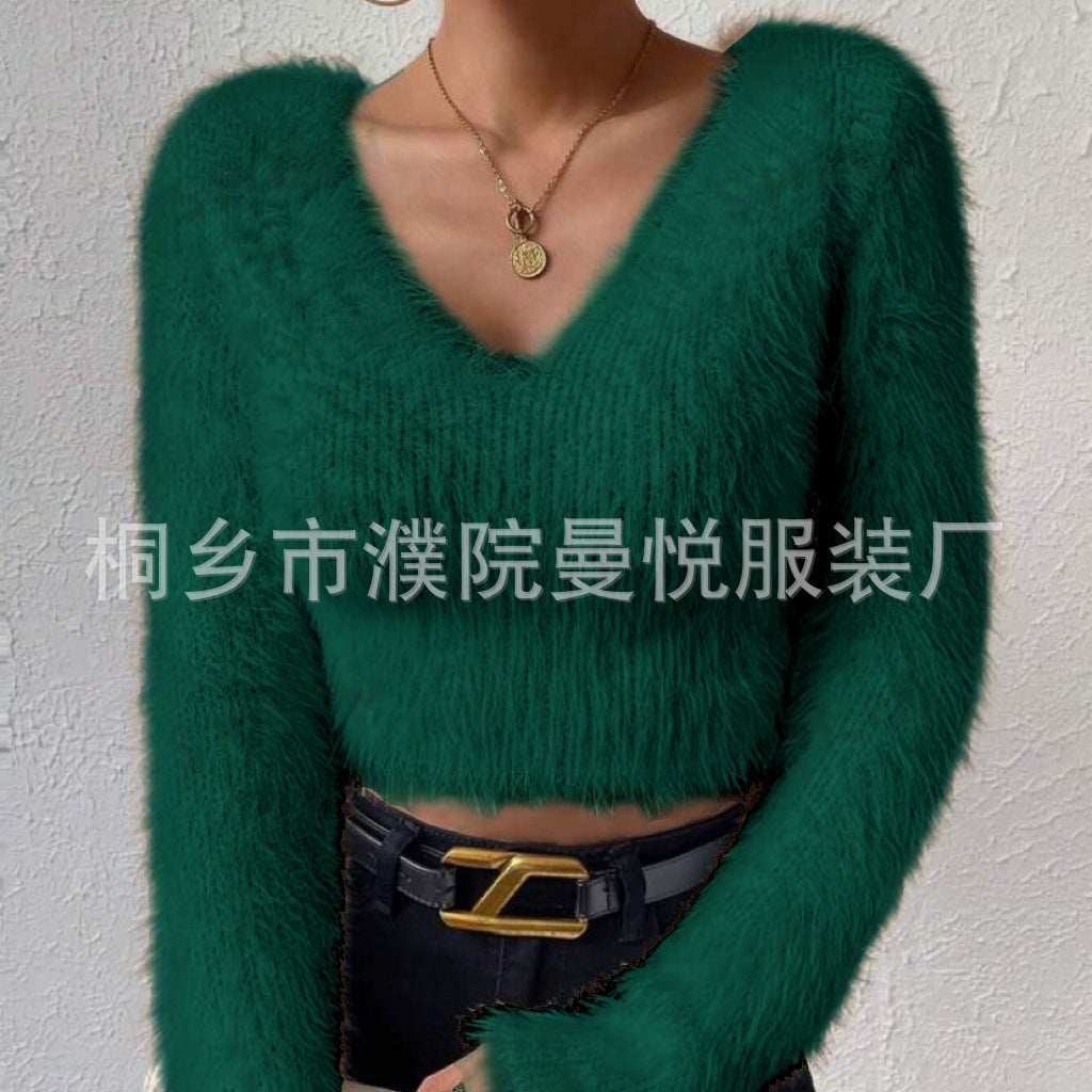 Damen Flauschiger Crop-Pullover mit V-Ausschnitt und Eyelash-Struktur EB