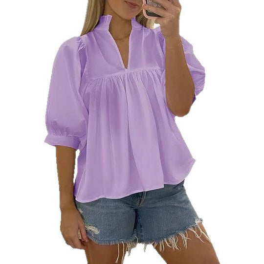 Damen elegante kurzärmlige Bluse mit Rüschendetails und lässigem Schnitt EB