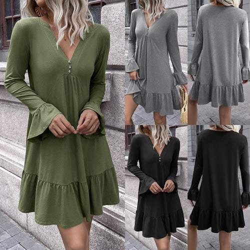 Damen lockeres Kleid mit schmeichelndem V-Ausschnitt und Glockenärmeln EB