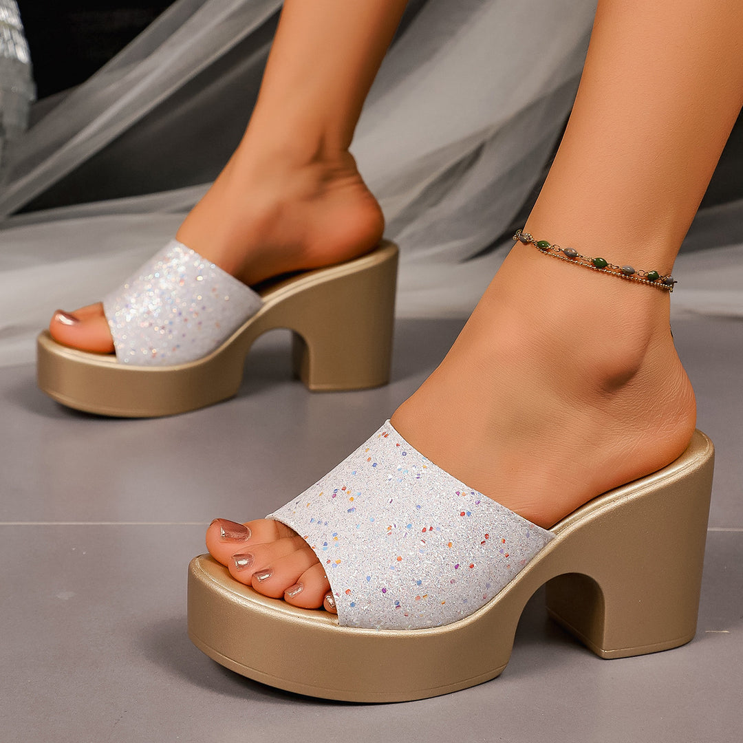 Damen Plateau-Pantoletten mit glitzerndem Obermaterial und bequemem Blockabsatz EB