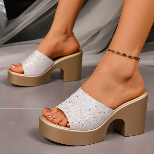Damen Plateau-Pantoletten mit glitzerndem Obermaterial und bequemem Blockabsatz EB