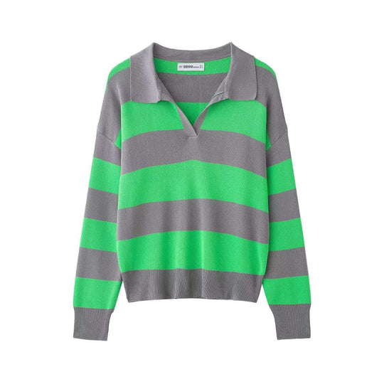 Damen nan gestreifter Rugby-Strickpullover mit Polokragen und weiter Oversize-Passform EB