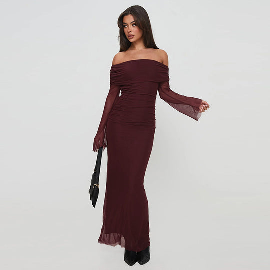 Damen figurbetontes Maxikleid mit schulterfreiem Design und Rüschendetails EB