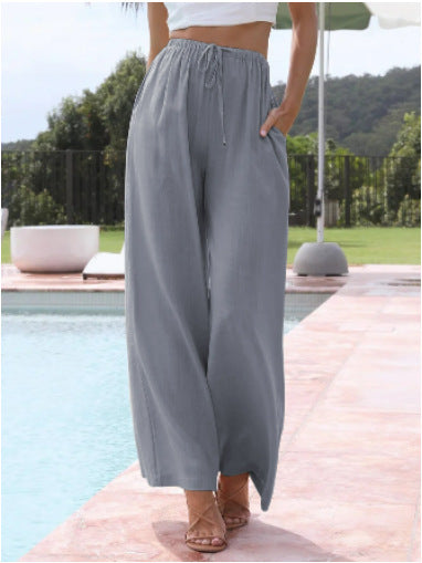 Damen weite Leinenhose mit elastischem Bund und praktischen Seitentaschen EB