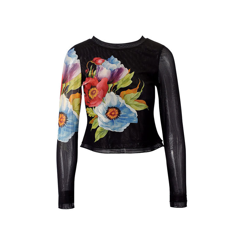 Damen Langarmshirt mit floralem Musterdruck und transparentem Stoff EB