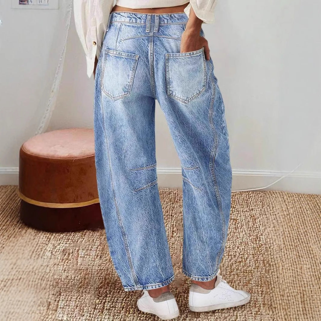 Damen weit geschnittene Denim-Jeans mit hohem Bund und modernen Designdetails EB