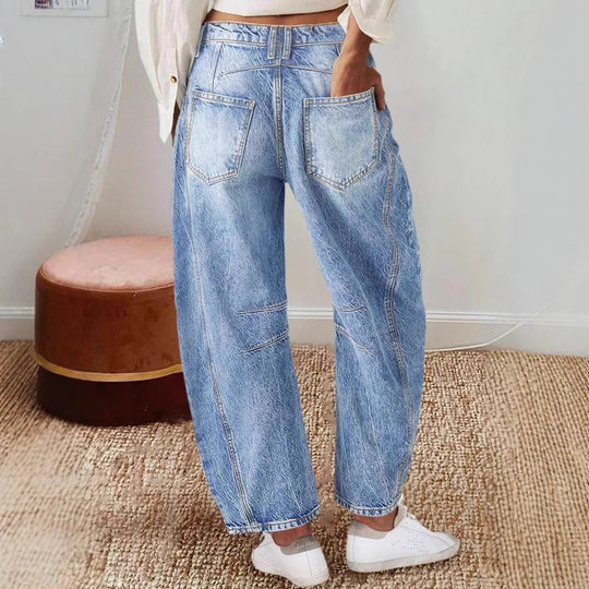 Damen weit geschnittene Denim-Jeans mit hohem Bund und modernen Designdetails EB