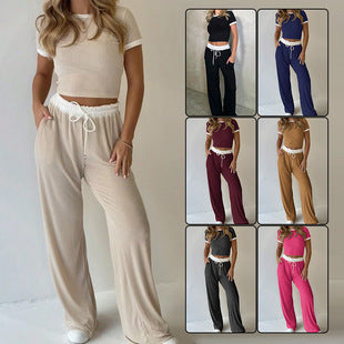 Damen lässiges zwei-teiliges Freizeit-Set mit cropped T-Shirt und weiten Hose EB