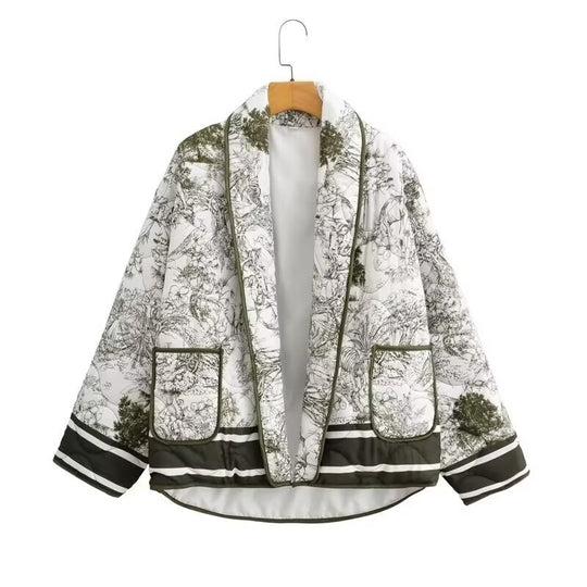 Damen leichte Steppjacke im botanischen Design mit großen Taschen EB